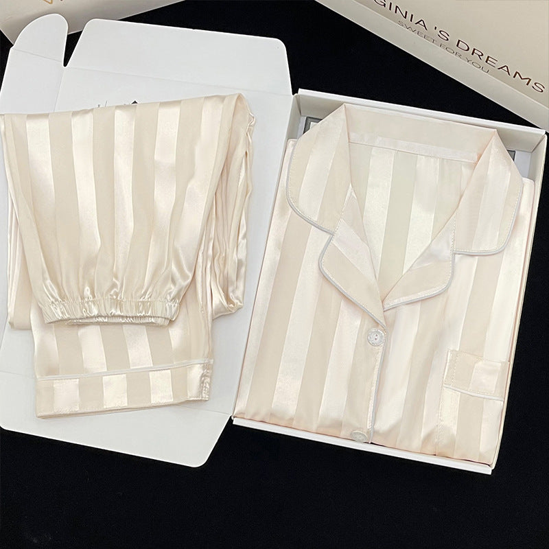 Women's Long-sleeved Trousers Thin Cardigan Striped Pajamas