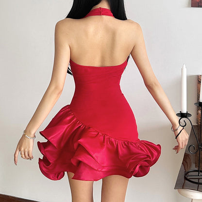 Women's Sexy Halter Backless Deep V Skirt Slim-fit Sheath Solid Color Dress