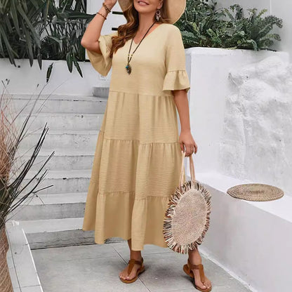 V-neck Stitching Multicolor Long Large Hem Plus Size Dress