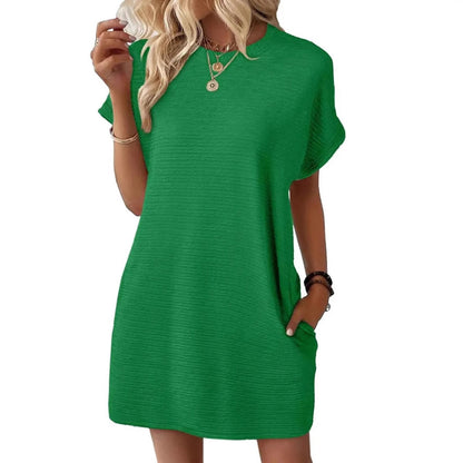 Loose Round Neck Pocket Solid Color Short Sleeve Dress Women