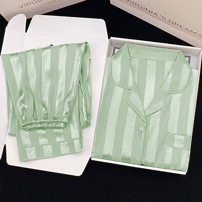 Women's Long-sleeved Trousers Thin Cardigan Striped Pajamas