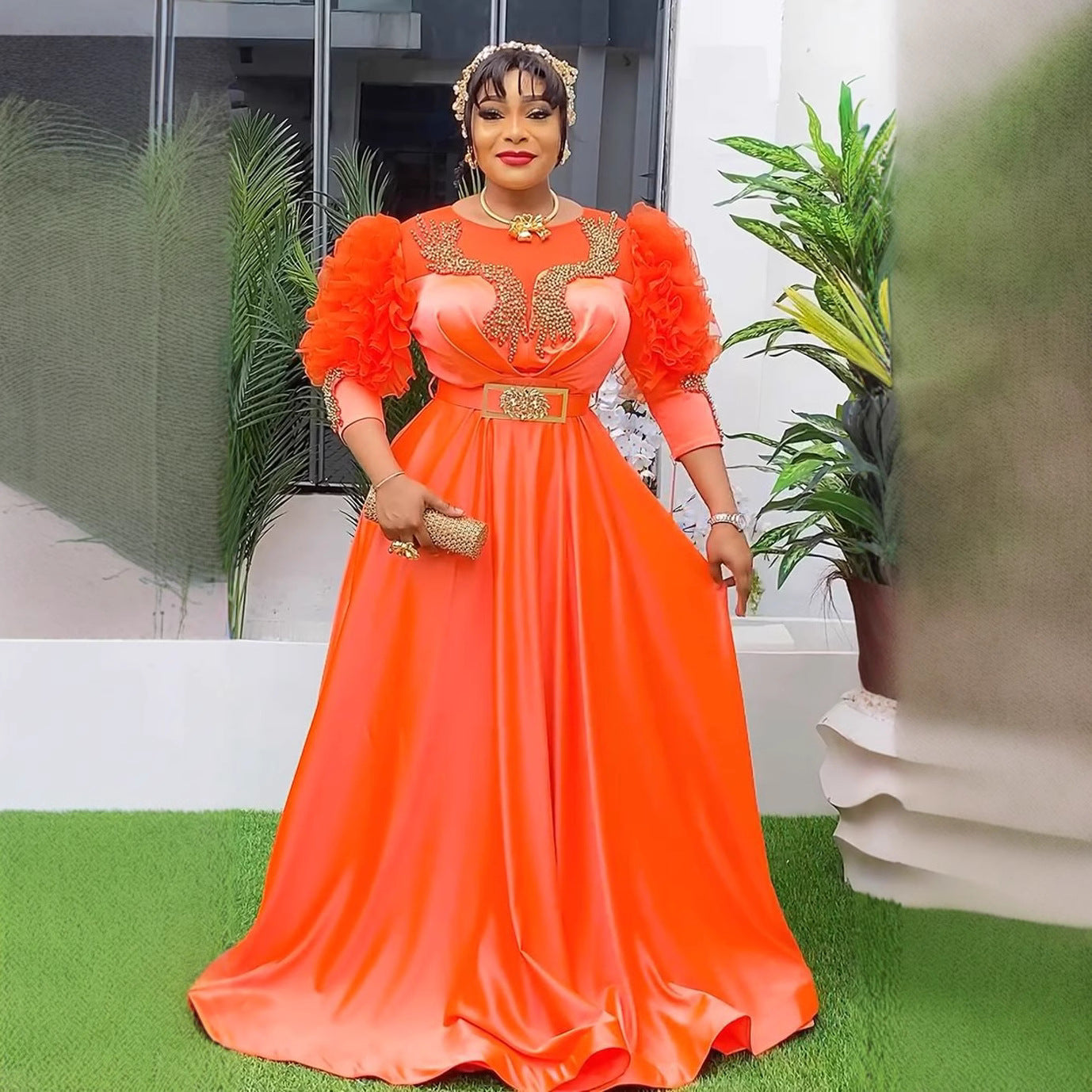 Women's Clothing Lace Sleeve High Waist Dress