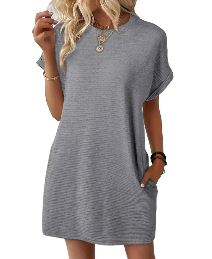 Loose Round Neck Pocket Solid Color Short Sleeve Dress Women