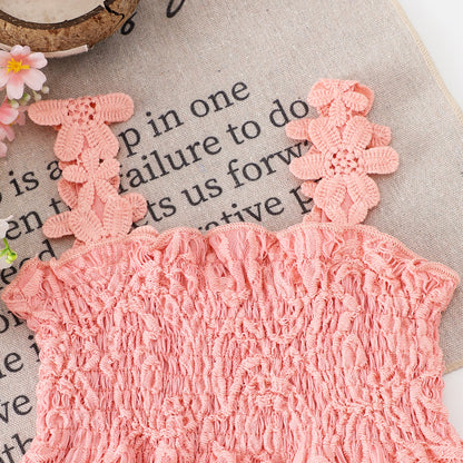 Mesh Smocking Sling Top Harem Pants Lace Two-piece Set