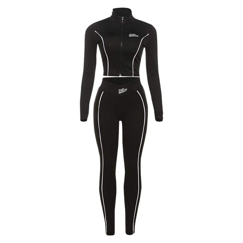 Midriff-baring Long Sleeve Top Slim-fit Sheath Trousers Suit Women