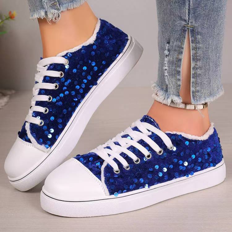 Fashion Round Toe Flat Bottom Lace-up Sequins Casual Pumps