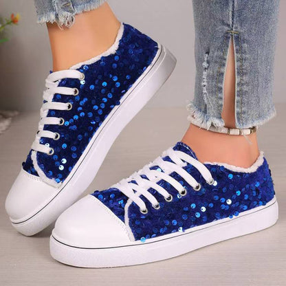 Fashion Round Toe Flat Bottom Lace-up Sequins Casual Pumps