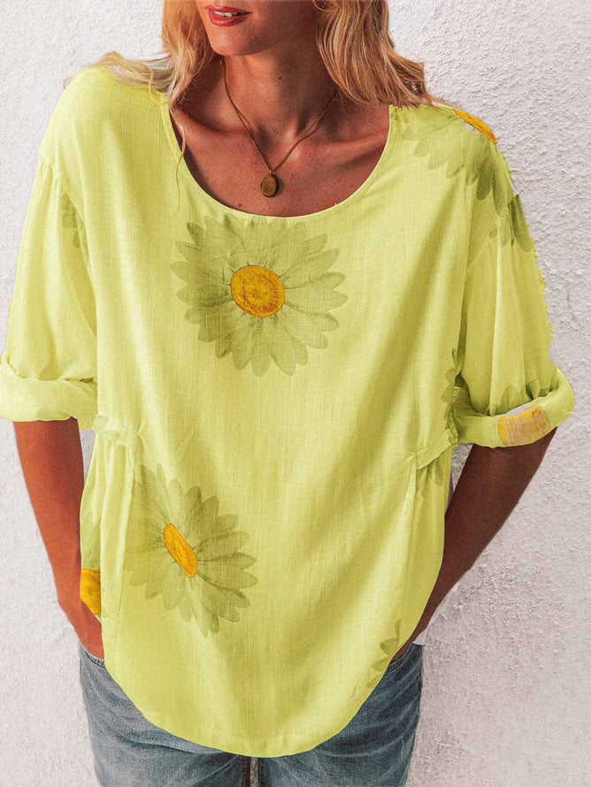 Mid-sleeved Chrysanthemum Cotton And Linen Printed T-shirt Women's Clothing