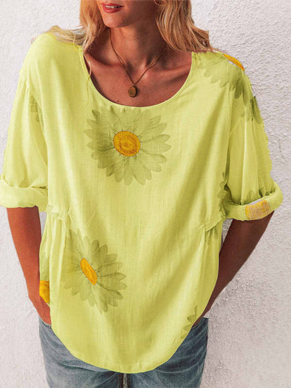 Mid-sleeved Chrysanthemum Cotton And Linen Printed T-shirt Women's Clothing