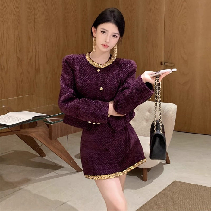 French Rich Lady Black Paillette Woolen Suit