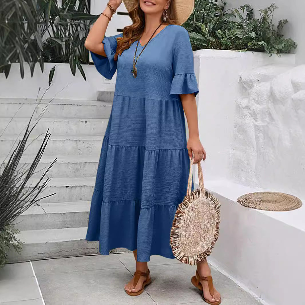 V-neck Stitching Multicolor Long Large Hem Plus Size Dress