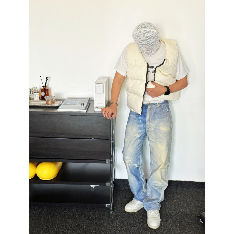 Digital Printed Jeans Gray White Washed Distressed Trousers