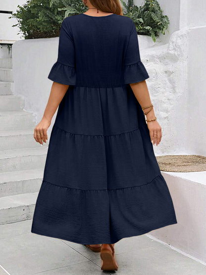 V-neck Stitching Multicolor Long Large Hem Plus Size Dress