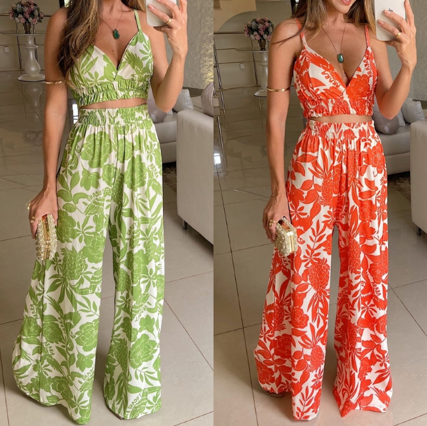 Camisole Holiday Floral Print Vest Elastic-waist Straight-leg Pants Suit Chest Pad