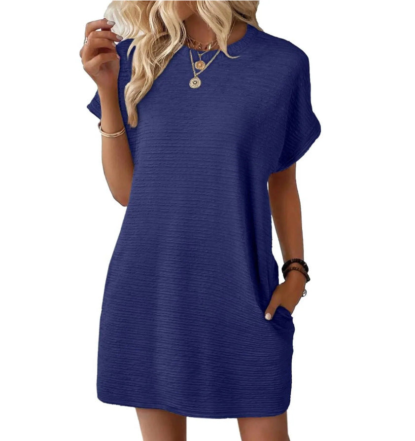 Loose Round Neck Pocket Solid Color Short Sleeve Dress Women