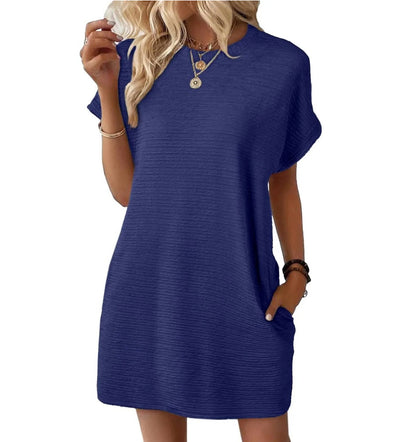 Loose Round Neck Pocket Solid Color Short Sleeve Dress Women