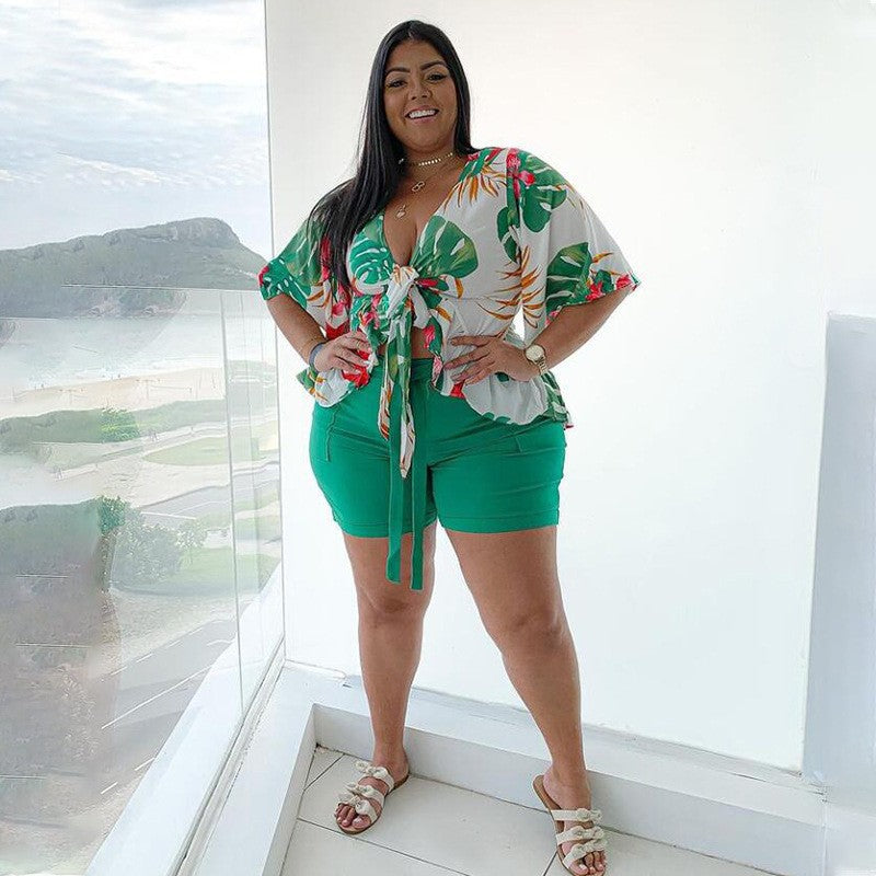 Women's Plus Size Two-piece Suit Printed Casual Cardigan Shorts Suit