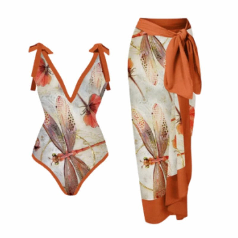 European American And French Style Retro Printed One-piece Swimsuit For Women