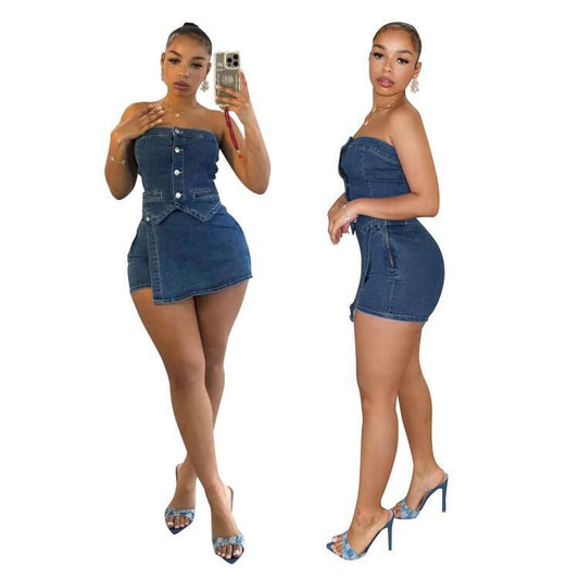 Slim Fit Denim Suit Sexy Sleeveless Tube Top Shorts Casual