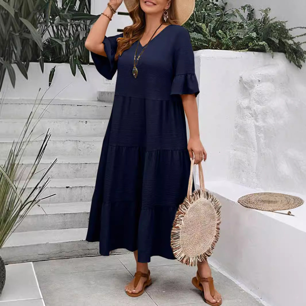 V-neck Stitching Multicolor Long Large Hem Plus Size Dress