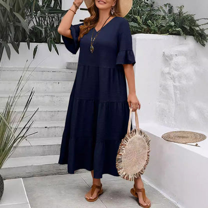 V-neck Stitching Multicolor Long Large Hem Plus Size Dress