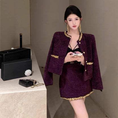 French Rich Lady Black Paillette Woolen Suit