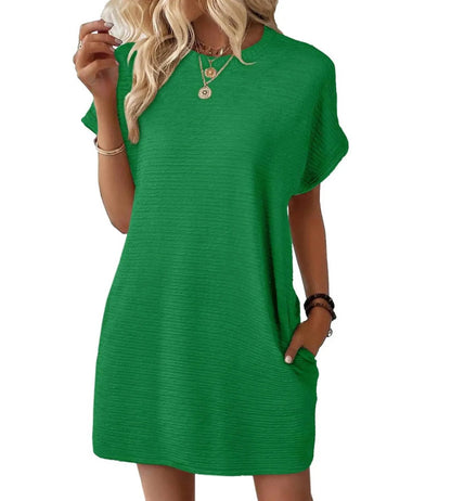 Loose Round Neck Pocket Solid Color Short Sleeve Dress Women