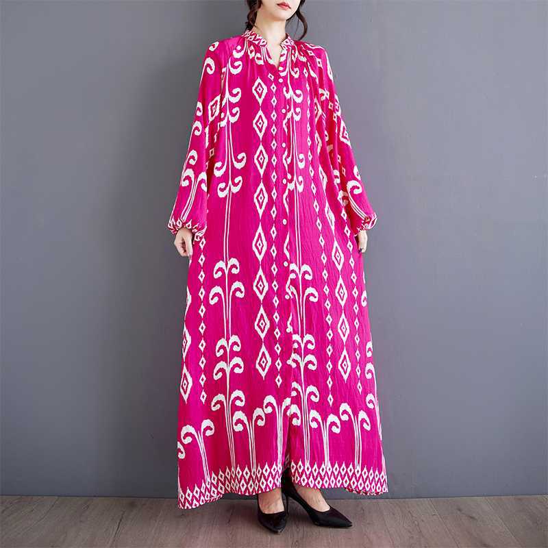 Autumn New Loose Printed Patchwork Stand-up Collar Casual Mid-length Dress