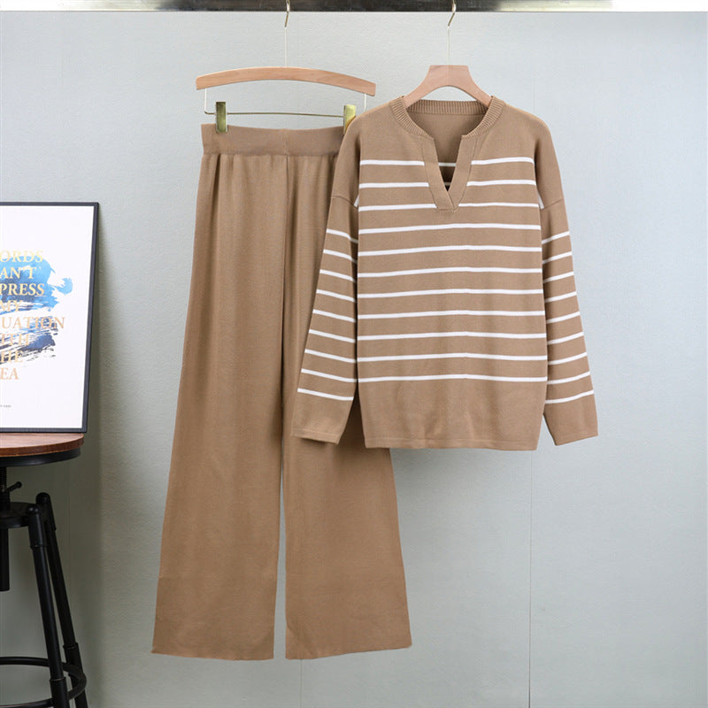 Chic Design V-neck Striped Knitting Suit Women