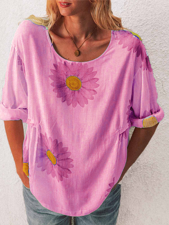 Mid-sleeved Chrysanthemum Cotton And Linen Printed T-shirt Women's Clothing