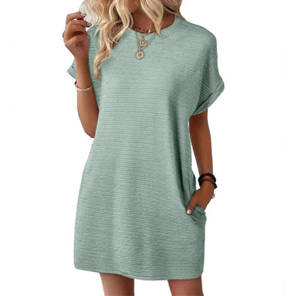 Loose Round Neck Pocket Solid Color Short Sleeve Dress Women