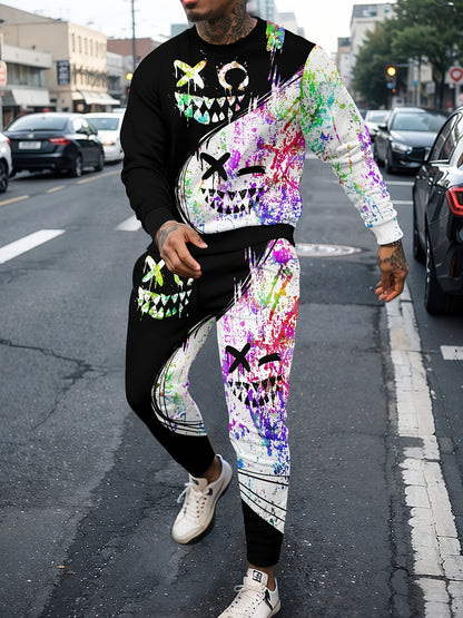 Sports Men's Clothing Casual Retro Digital Printed Round Neck Sweater Suit