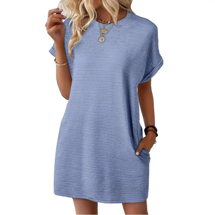 Loose Round Neck Pocket Solid Color Short Sleeve Dress Women