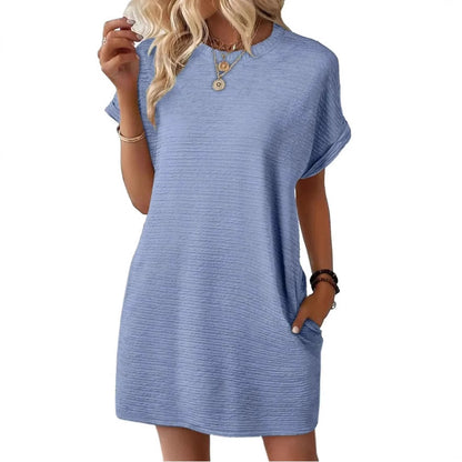 Loose Round Neck Pocket Solid Color Short Sleeve Dress Women
