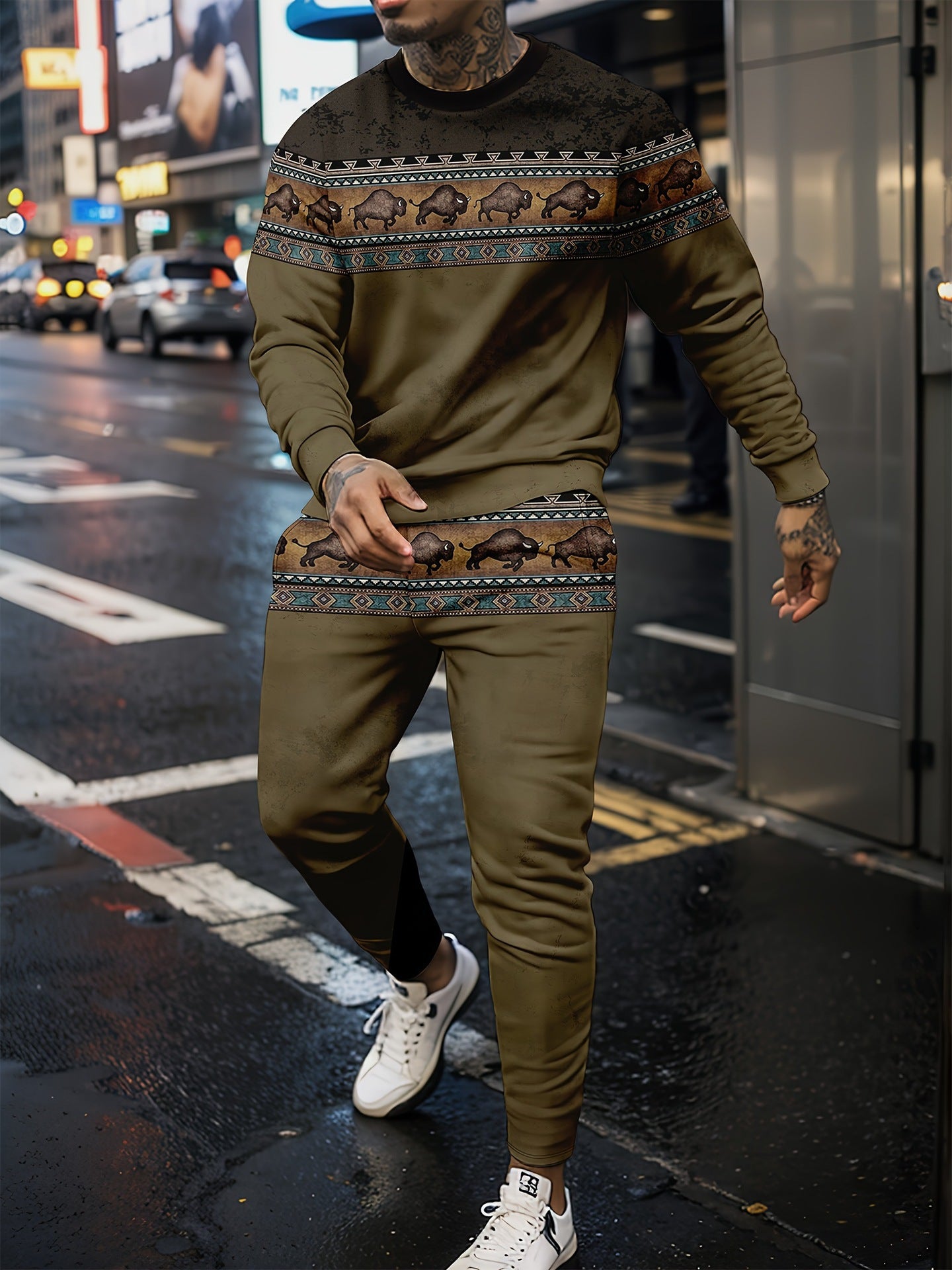 Sports Men's Clothing Casual Retro Digital Printed Round Neck Sweater Suit