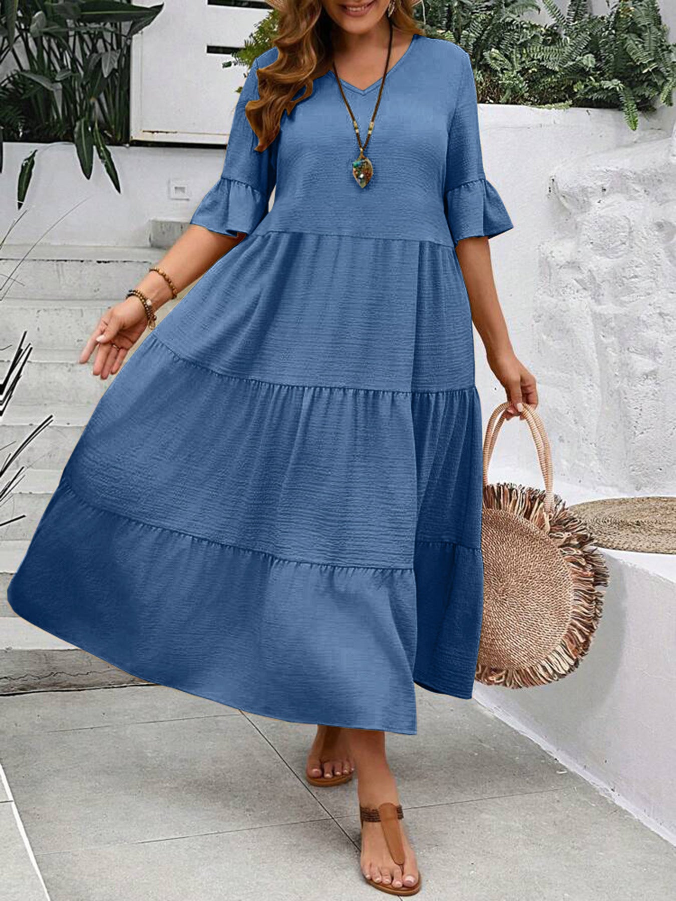 V-neck Stitching Multicolor Long Large Hem Plus Size Dress