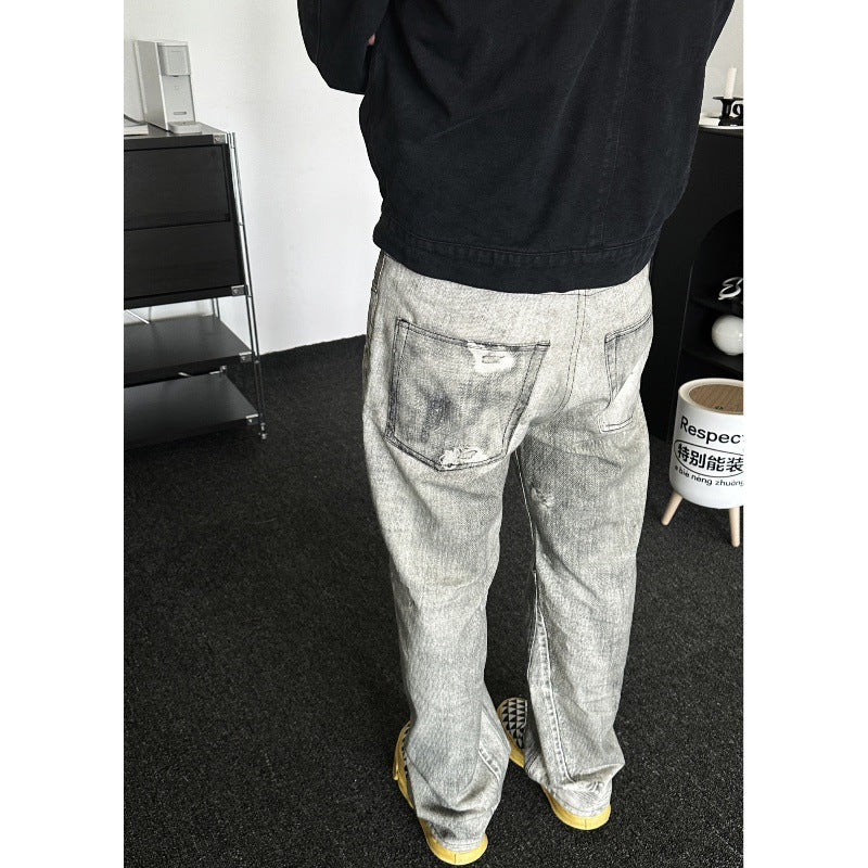 Digital Printed Jeans Gray White Washed Distressed Trousers