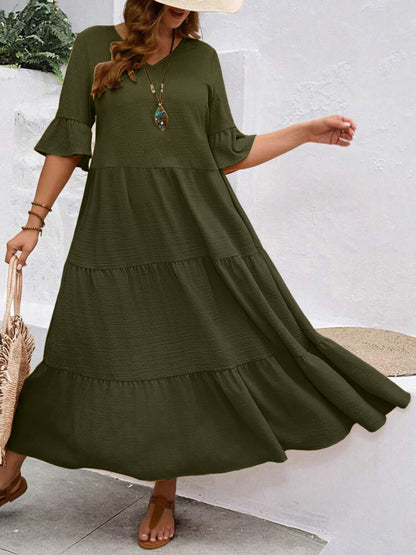 V-neck Stitching Multicolor Long Large Hem Plus Size Dress