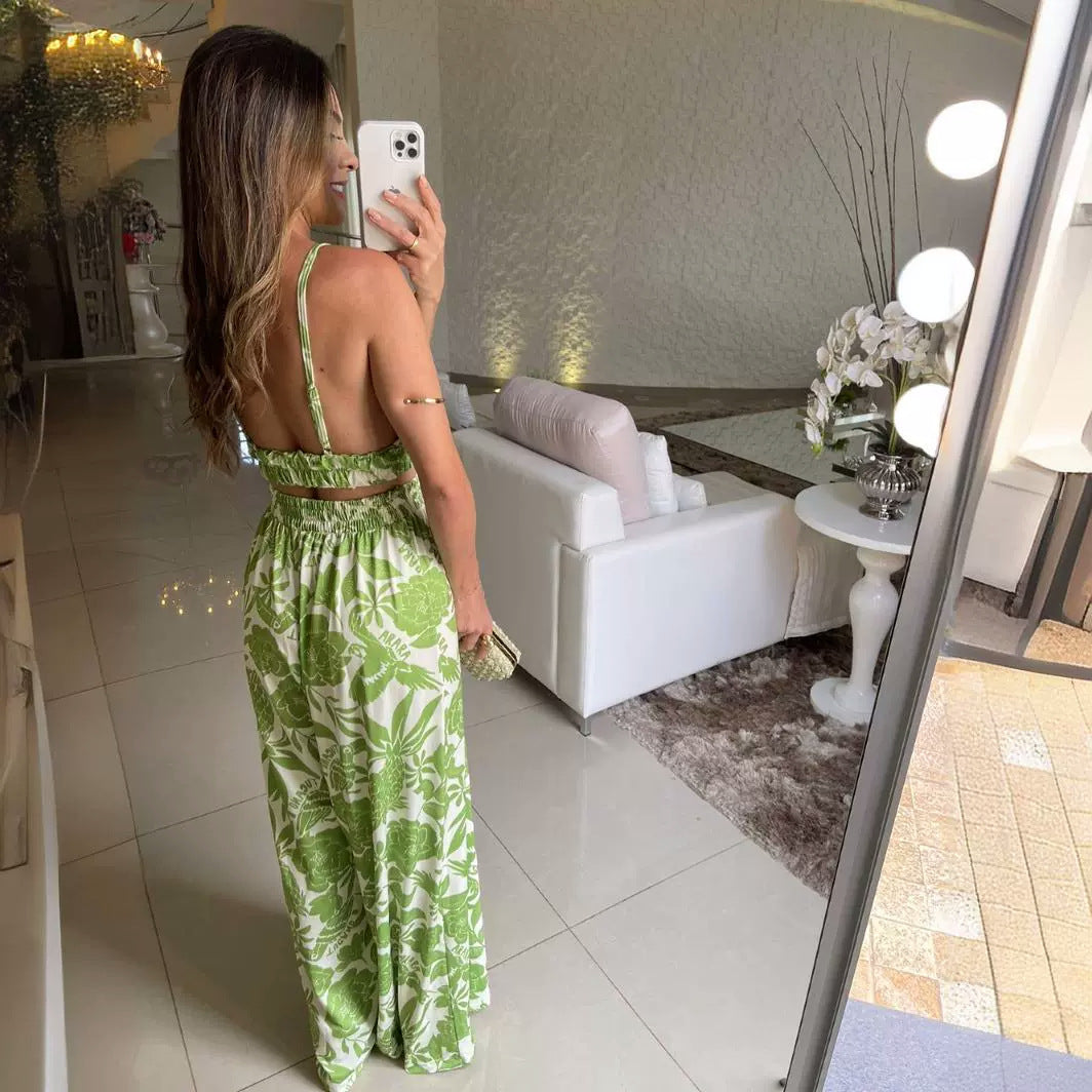Camisole Holiday Floral Print Vest Elastic-waist Straight-leg Pants Suit Chest Pad
