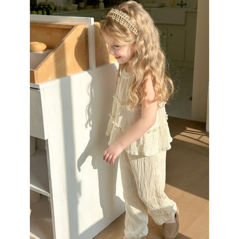 Round Neck Sleeveless Top Baggy Straight Trousers Two-piece Set