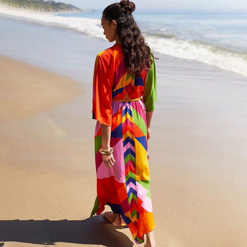 Polyester Printed Pull-belt Long Dress Beach Jacket Sun Protection Robe