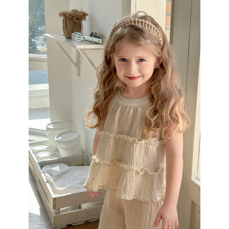 Round Neck Sleeveless Top Baggy Straight Trousers Two-piece Set