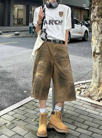 Washed Old Niche Design Straight Baggy Denim Shorts