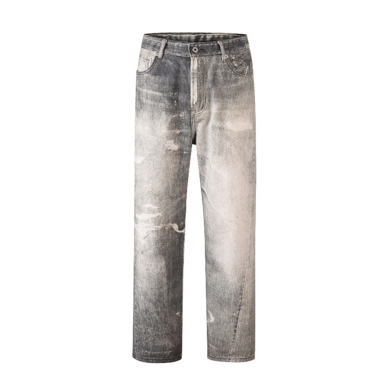 Digital Printed Jeans Gray White Washed Distressed Trousers