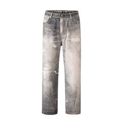Digital Printed Jeans Gray White Washed Distressed Trousers