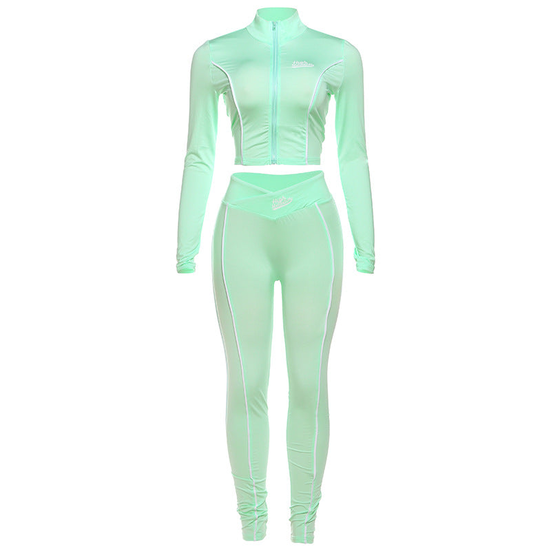 Midriff-baring Long Sleeve Top Slim-fit Sheath Trousers Suit Women