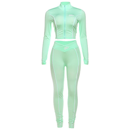 Midriff-baring Long Sleeve Top Slim-fit Sheath Trousers Suit Women