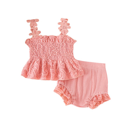 Mesh Smocking Sling Top Harem Pants Lace Two-piece Set