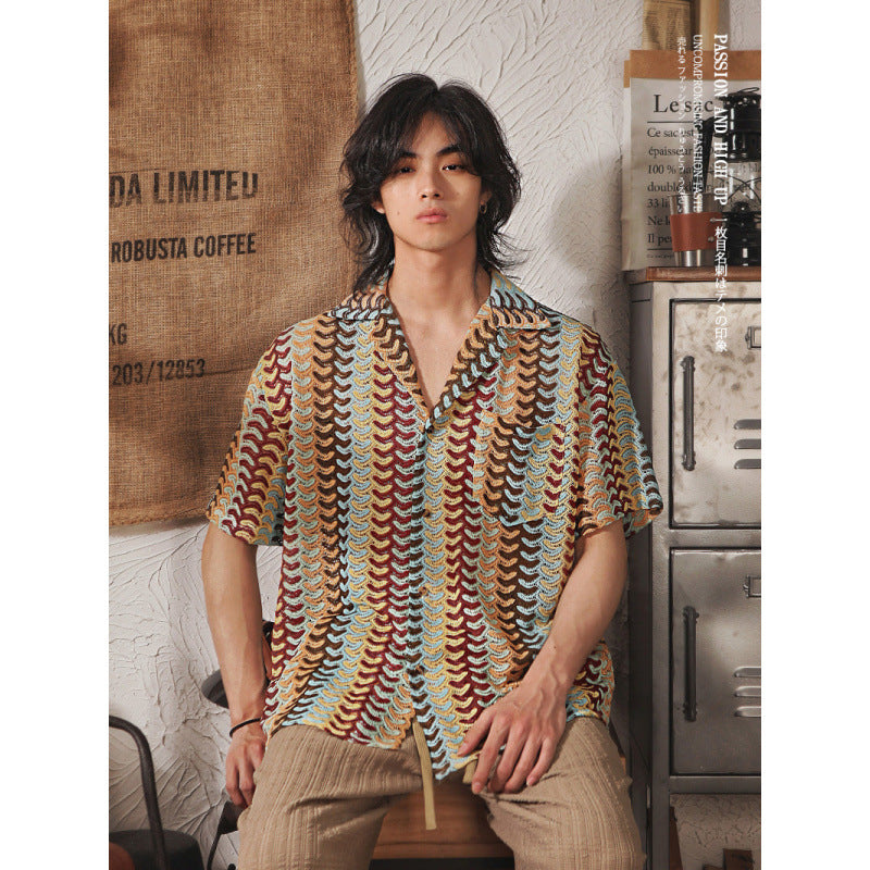 Japanese Style Cuban Collar National Style Hollow Jacquard Color Matching Short Sleeve