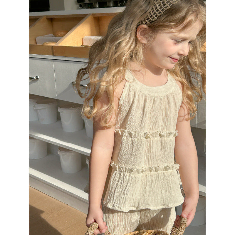 Round Neck Sleeveless Top Baggy Straight Trousers Two-piece Set